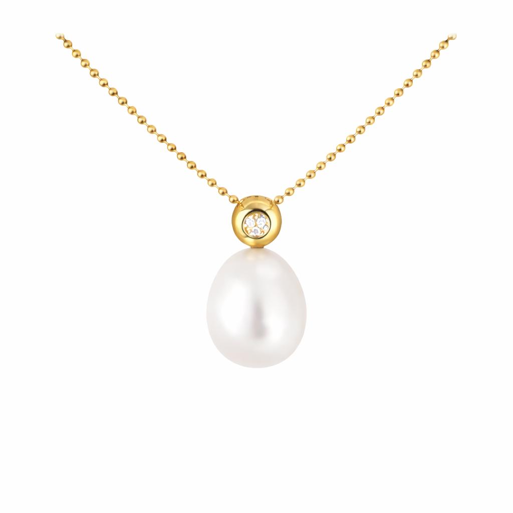 11mm -12mm Oval Australian White South Sea Pearl Pendant - 18KT Yellow Gold with Natural Diamond