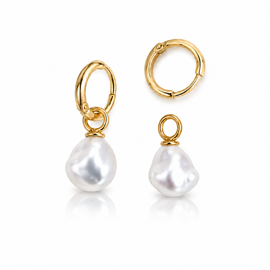 8mm - 9mm Keshi White Southsea Earring Hoops - 18KT Yellow Gold Bails