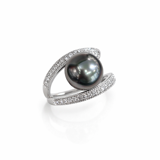 1mm-12mm Round Tahitian Pearl Peacock Purple Ring - 18KT White Gold