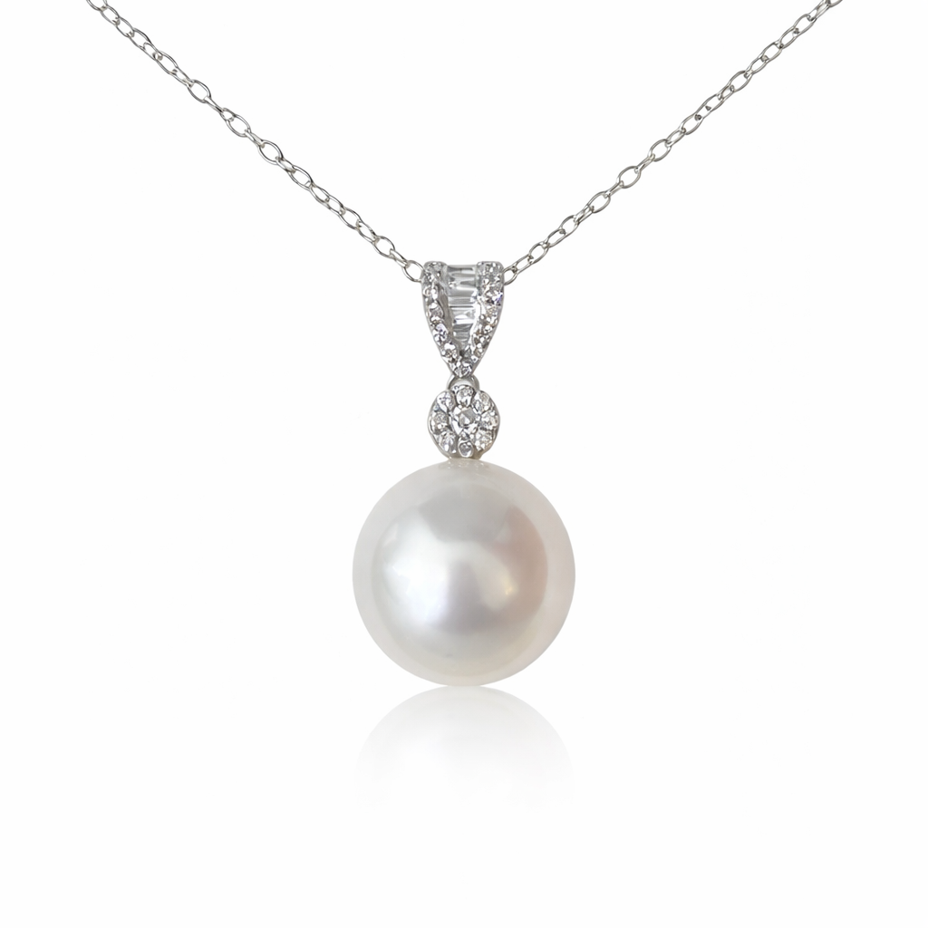 13mm Semi - Round Australian White South Sea Pearl Pendant - 18KT White Gold & Natural Diamond