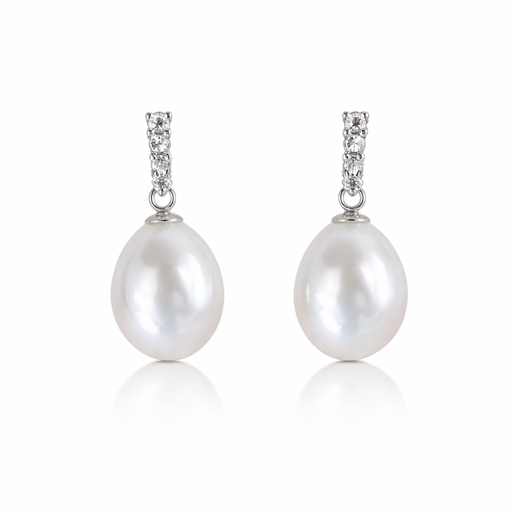 10mm Oval White South Sea Pearl Earrings - 18kt White Gold with Natural Diamonds