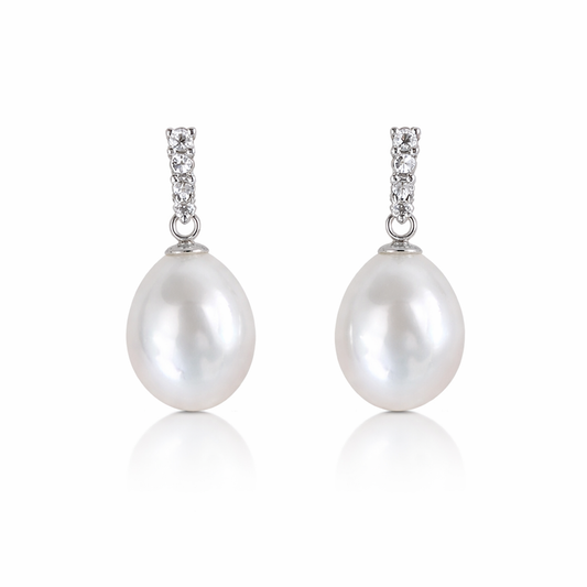 10mm Oval White South Sea Pearl Earrings - 18kt White Gold with Natural Diamonds