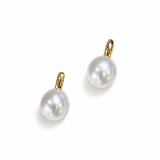 11mm - 12mm Oval Australian White Southsea Pearl Earrings - 18KT Yellow Gold
