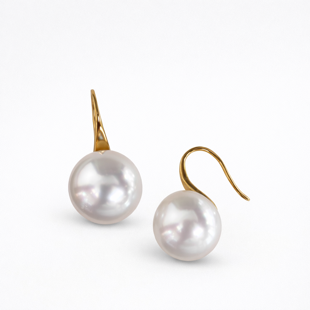 12mm Round Australian White South Sea Pearl Earrings - 18KT Yellow Gold