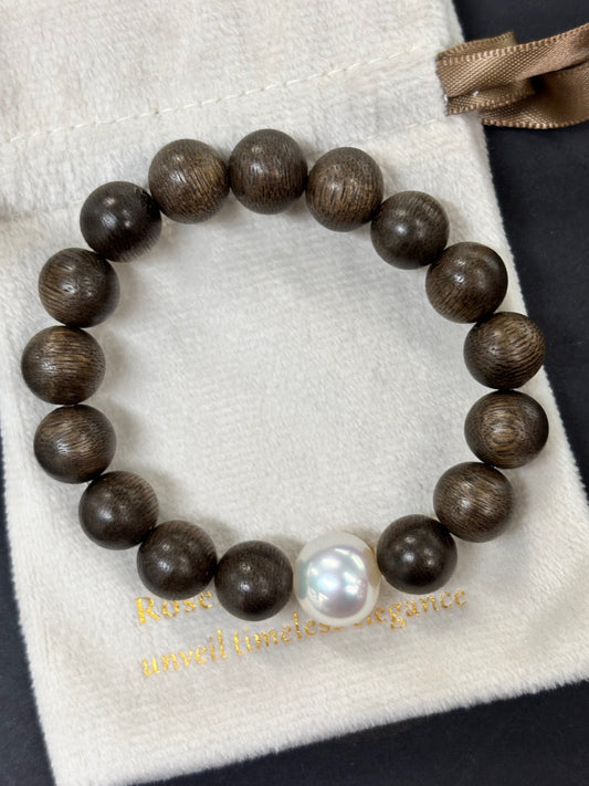 Gem Lustre - Sandalwood Bead Bracelet with 13mm White South Sea Pearl