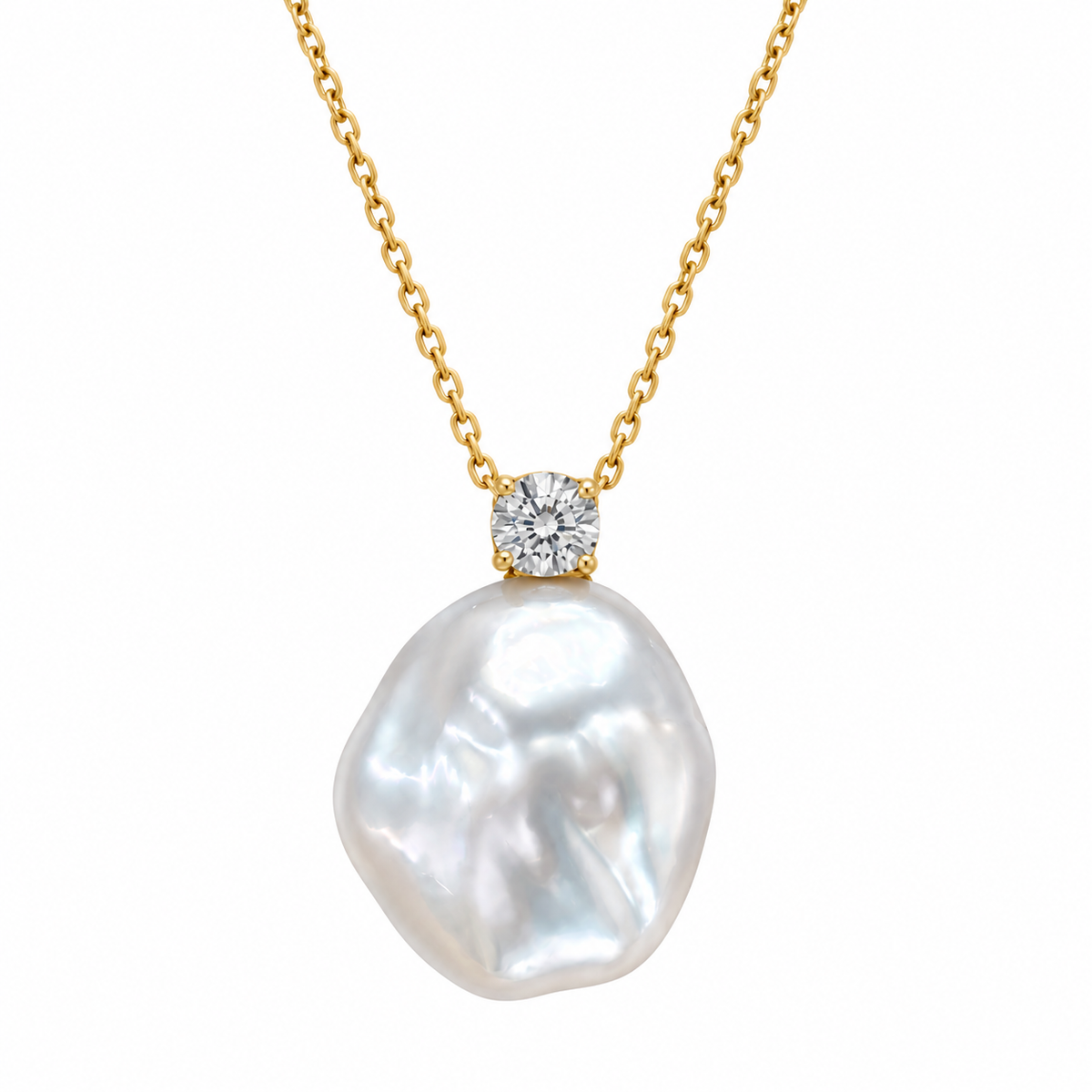11mm-12mm Keshi White Australian South Sea Pearl Pendant - 18KT Yellow Gold with Natural Diamond