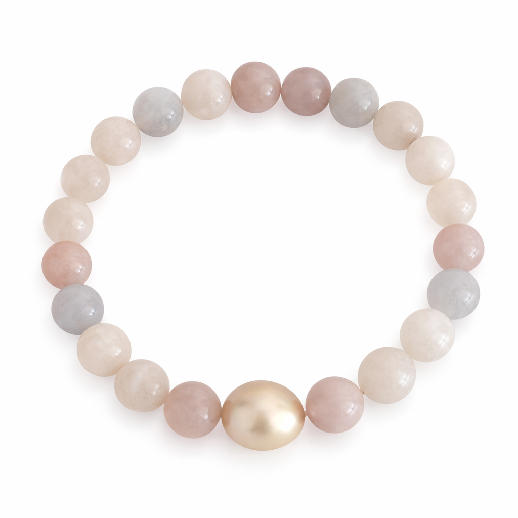 Natural Moonstone Bead Bracelet with one Off-Round Golden Southsea Pearl