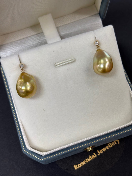 11mm-12mm Baroque Golden South Pearl Earings -18kt Yellow Gold