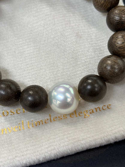 Gem Lustre - Sandalwood Bead Bracelet with 13mm White South Sea Pearl