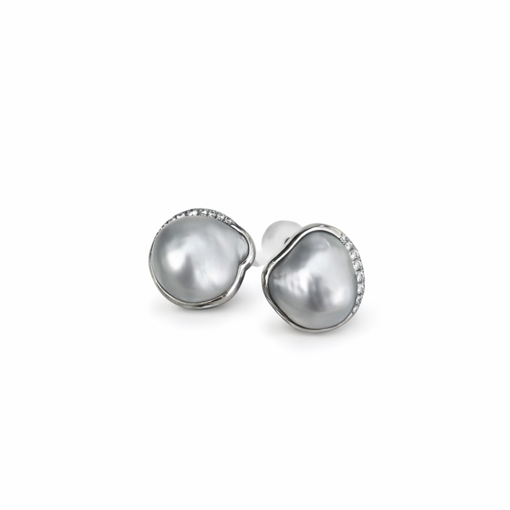 10mm Keshi Pearl Earrings Silver Overtone - 14KT White Gold