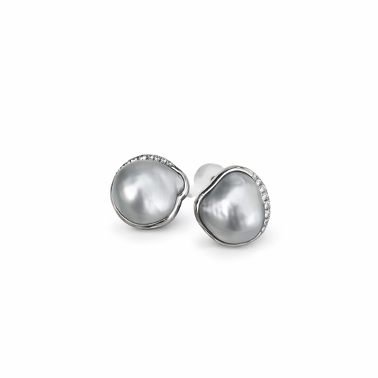10mm Keshi Pearl Earrings Silver Overtone - 14KT White Gold