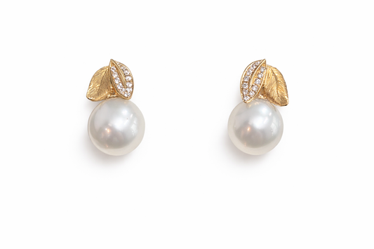10mm - 11mm Oval White South Sea Pearl Earrings in a Leaf Style Setting - 18KT Yellow Gold