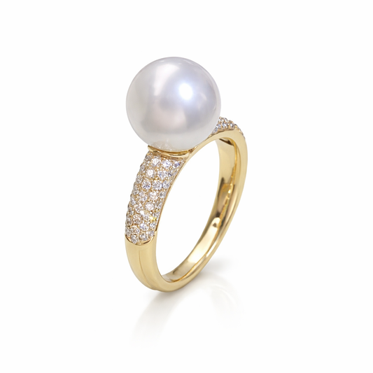 12mm - 13mm High-Button White South Sea Pearl Ring - 18KT Yellow Gold