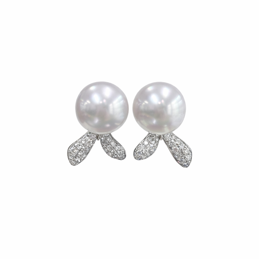 11mm - 12mm Semi-Round White South Sea Pearl Earrings with Petal Backs - 14K White Gold