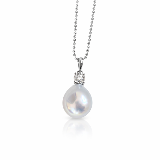 11mm Drop White South Pearl Pendant Tear Drop - 18KT White Gold and Natural Diamond