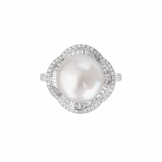 12mm - 13mm High-Button White South Sea Pearl Ring - 18KT White Gold with Natural Diamond