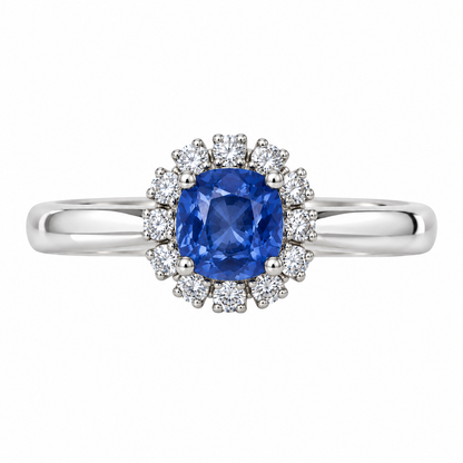 1CT Cushion-Cut Blue Sapphire (H) & Diamond Halo Ring in 18KT Yellow Gold