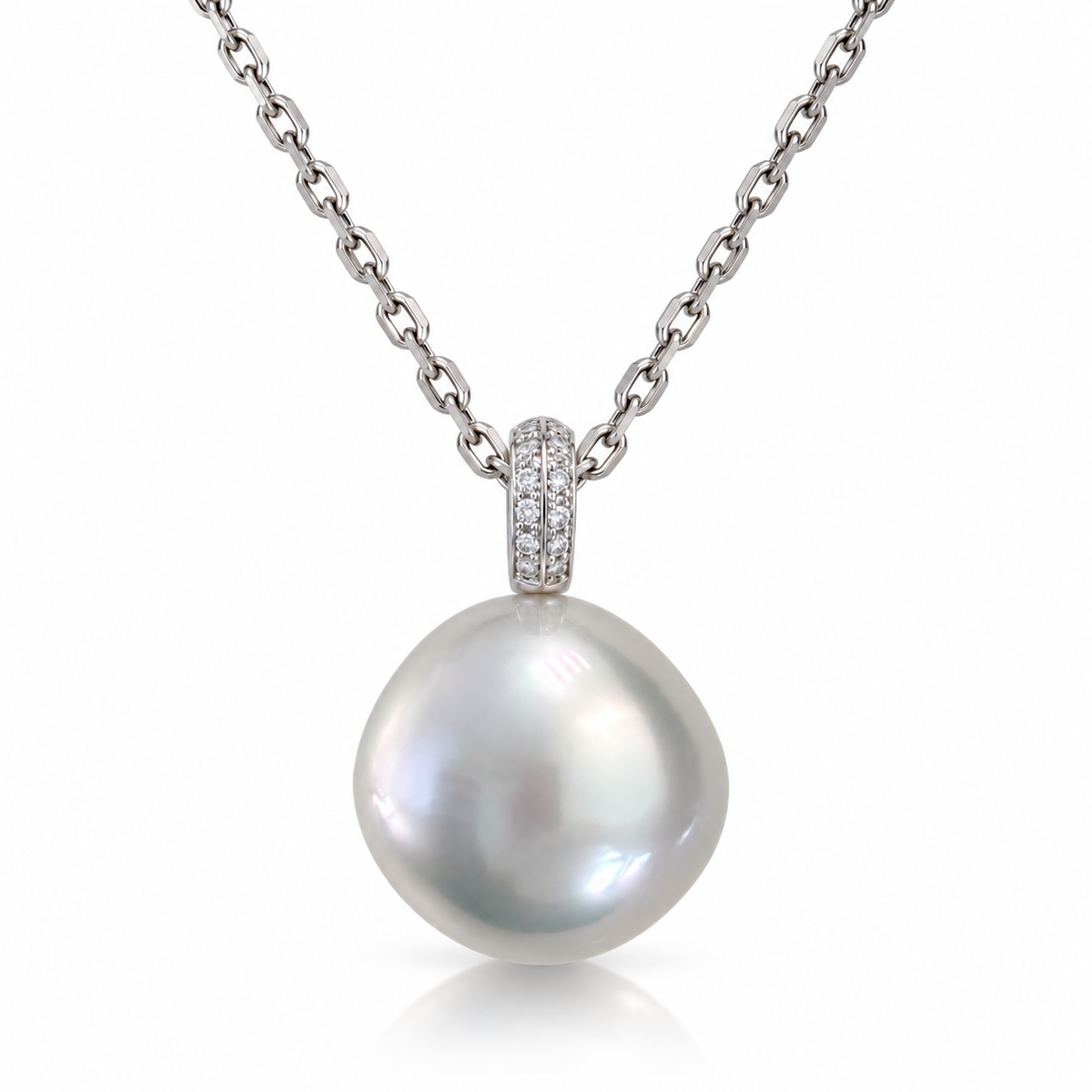 Premium 15mm Triangle Australian White Southsea Pearl Pendant - 14KT White Gold with Lab-Grown Diamonds