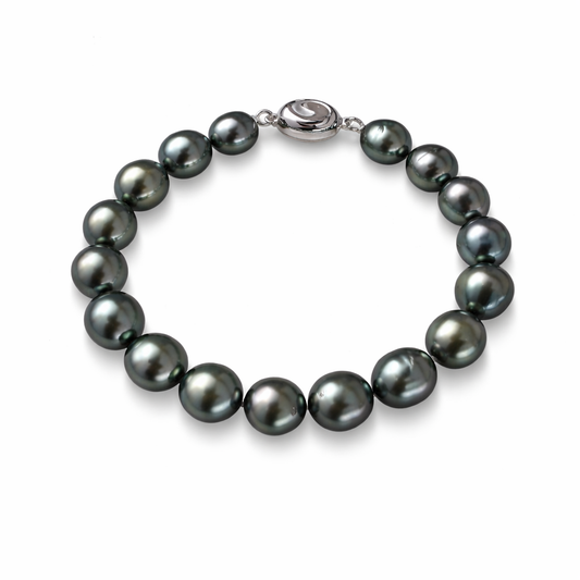 Tahitian Pearl Green Overtone Bracelet - Sterling Silver Clasp