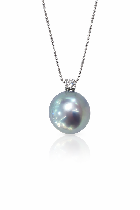 12mm Round Blue Pearl Pendant with a Metallic Lusture - 18kt White Gold