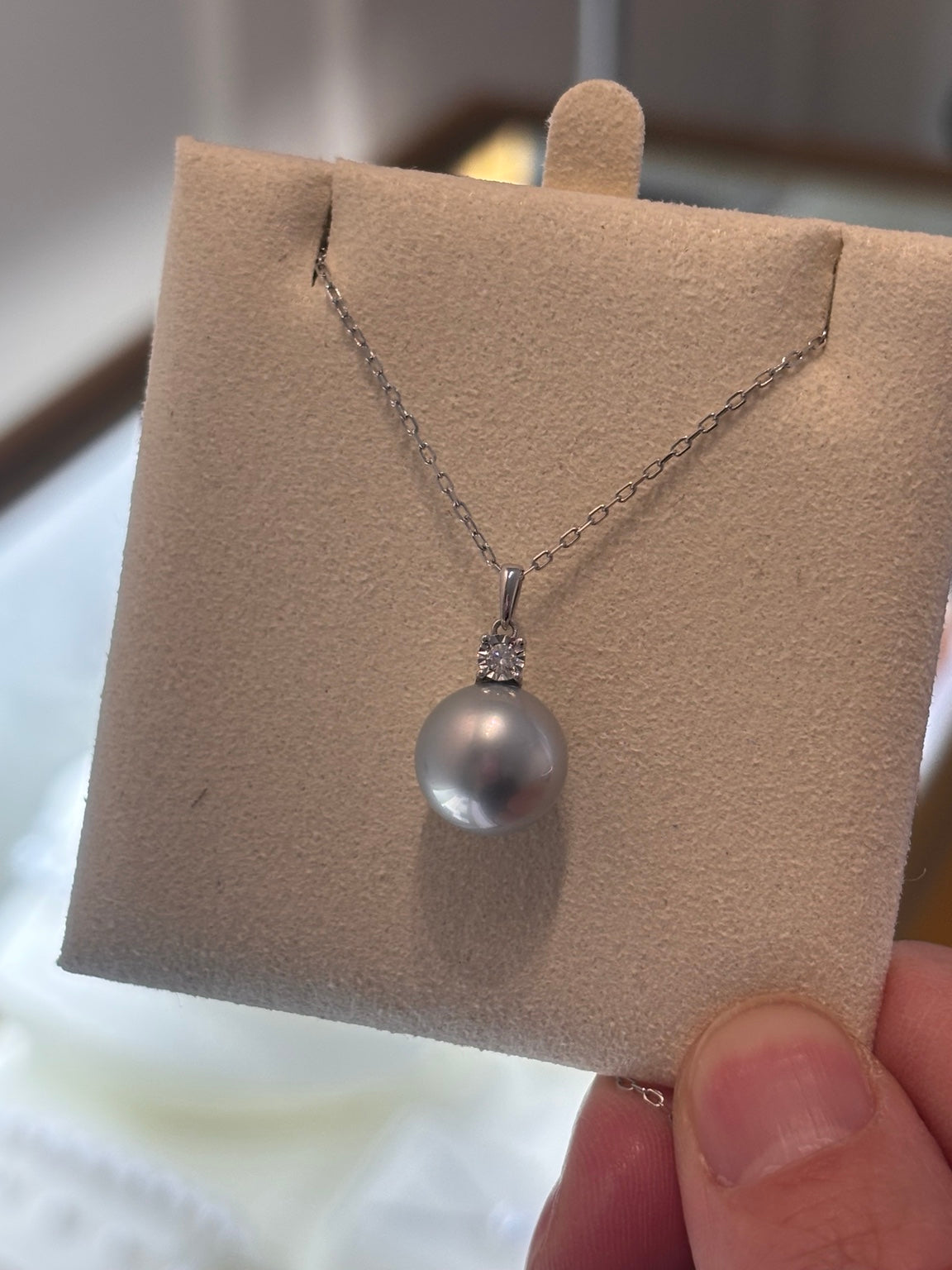 11mm -12mm Round Silver Tahitian Pearl Pendant in 18KT White Gold Setting