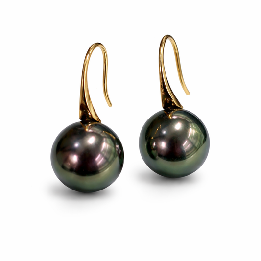 12mm-13mm Round Tahitian Pearl Earrings Peacock Green- 18kt Yellow Gold