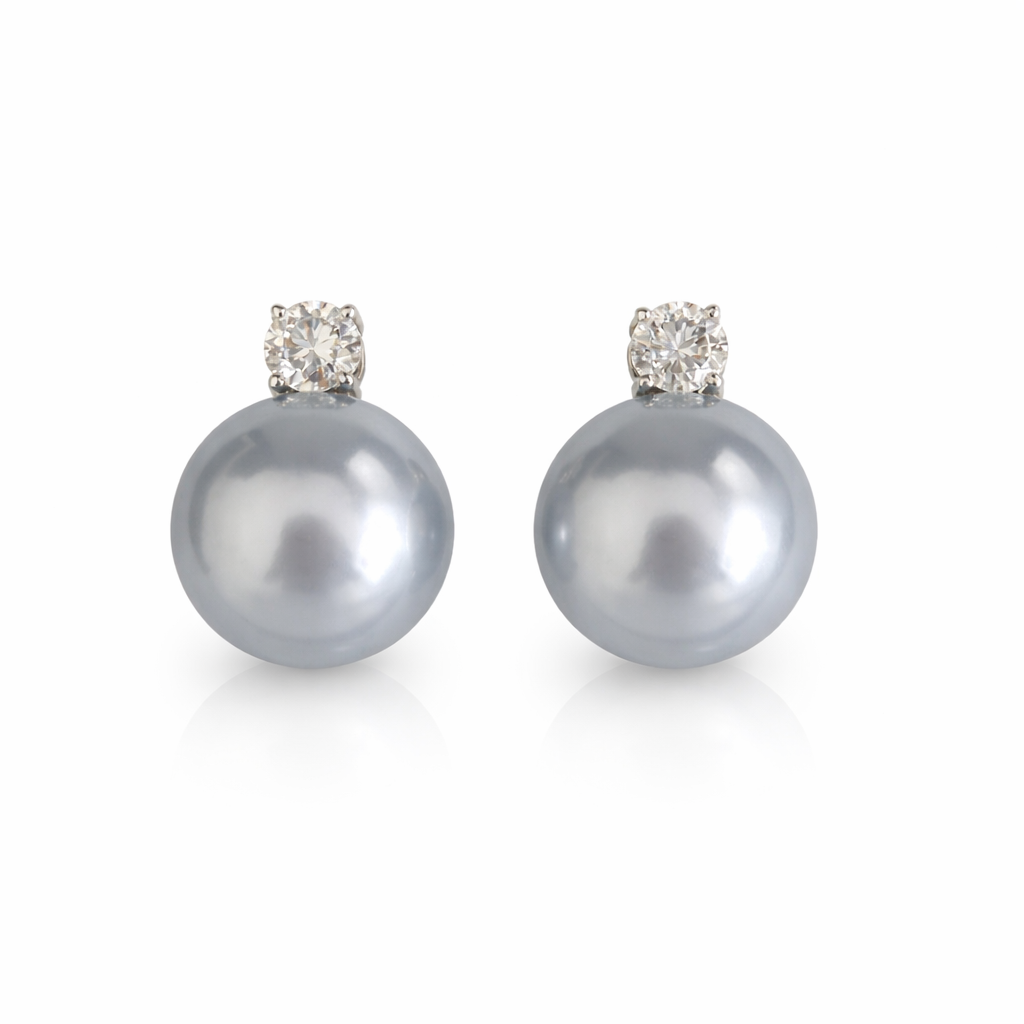 11mm - 12mm Round Tahitian Silver Pearl Earrings - 18KT White Gold with Moissanite
