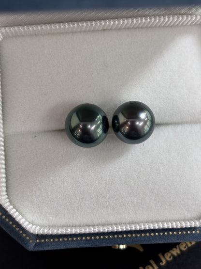 9mm-10mm Round Tahitian Pearl Earring Studs Peacock Green- 18kt White Gold