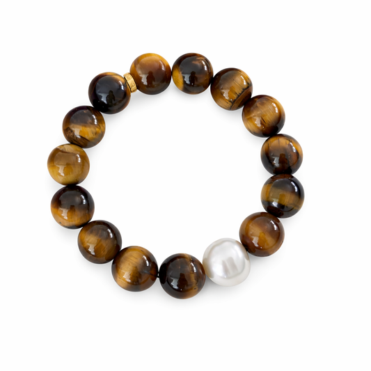 Tiger Eye Bead Bracelet with Oval White Southsea Pearl