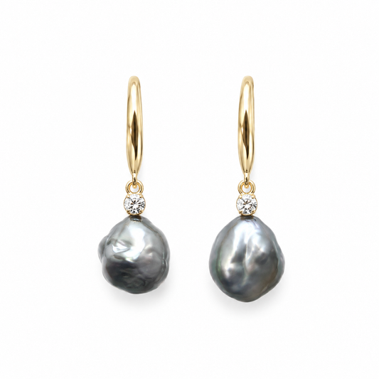 8mm-9mm Keshi Pearl Earrings (hoops) Green and Silver Overtone - 18KT Yellow Gold