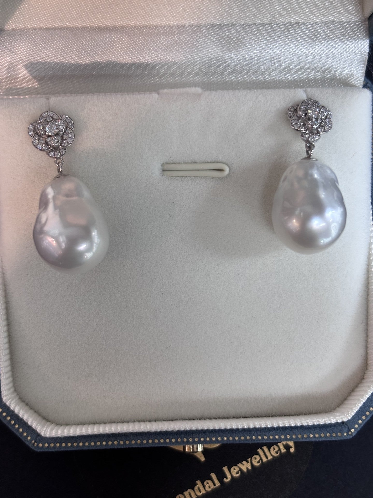 12mm -13mm White South Sea Pearl Baroque Earrings - 18kt White Gold