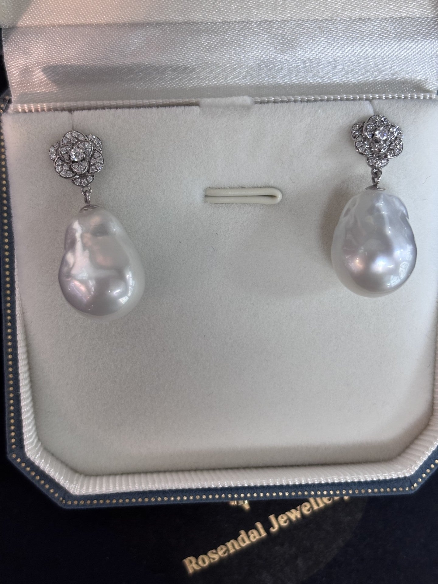 12mm -13mm White South Sea Pearl Baroque Earrings - 18kt White Gold