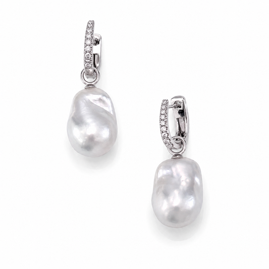 12mm - 15mm Baroque Australian White Southsea Pearl Earring Hoops - 9KT White Gold with Moissanites