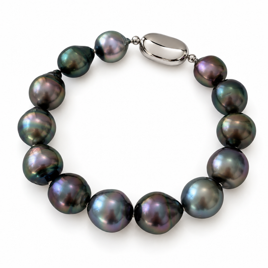 10mm-12mm Tahitian Pearl Bracelet Peacock Green & Purple - Sterling Silver Clasp