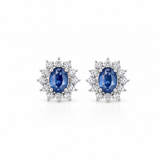 1.03 CT Natural Blue Sapphire (H) Earring Studs  - 18KT White Gold with Lab-Grown Diamonds