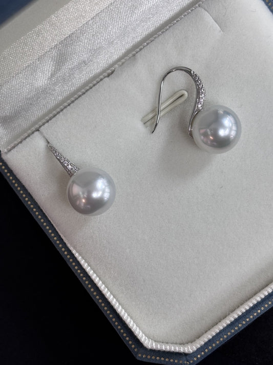 11mm Round White South Sea Pearl Earrings - 18kt White Gold