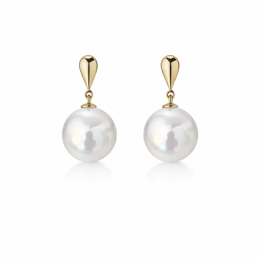 10mm Round White Southsea Pearl Earrings - 18KT Yellow Gold