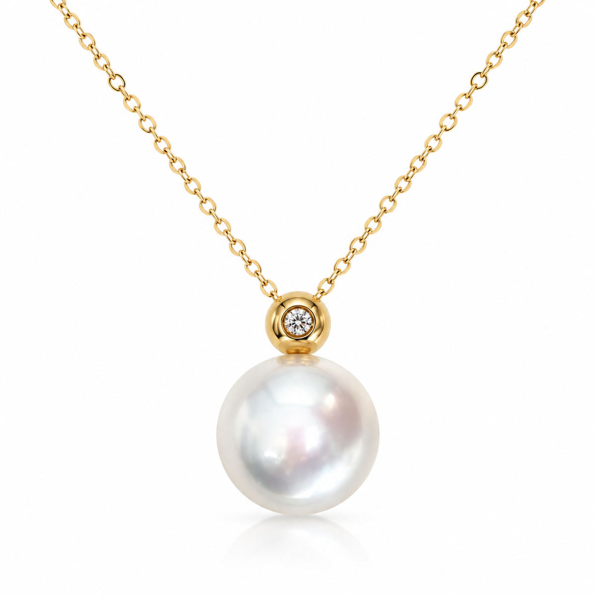 Premium 12mm -13mm Round Australian White South Sea Pearl Pendant - 18KT Yellow Gold with Natural Diamonds