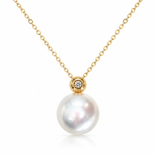 Premium 12mm -13mm Round Australian White South Sea Pearl Pendant - 18KT Yellow Gold with Natural Diamonds