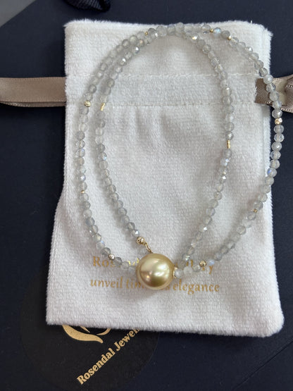 Labradorite Bead Strand with a Golden South Sea Pearl