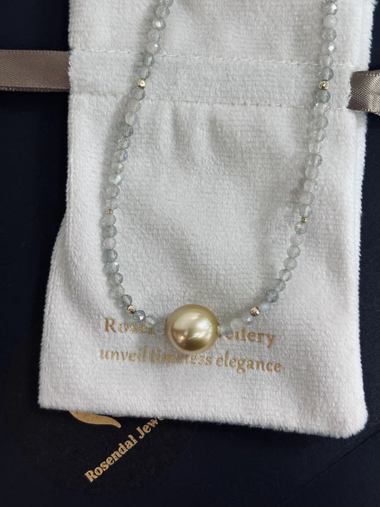 Labradorite Bead Strand with a Golden South Sea Pearl