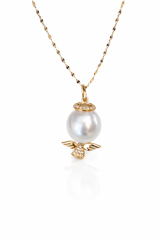 12mm Oval South Sea Pearl Little Angel Pendant - Yellow Gold