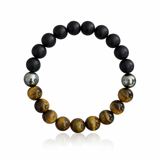 Tiger Eye and Black Onyx Bracelet with Two Peacock Tahitian Pearls