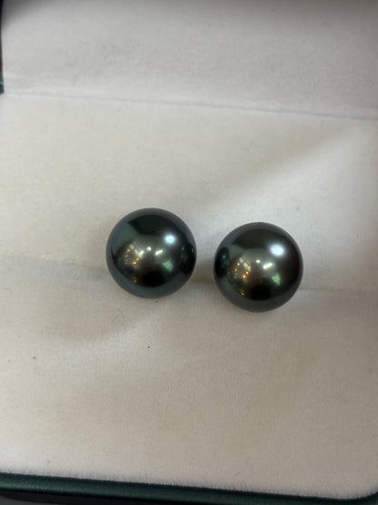 12mm-13mm Round Tahitian Pearl Earring Studs Peacock Green- 18kt Yellow Gold