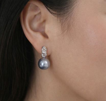 11mm - 12mm Round Tahitian Silver Pearl Earrings - 18KT White Gold