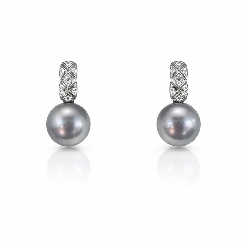 11mm - 12mm Round Tahitian Silver Pearl Earrings - 18KT White Gold