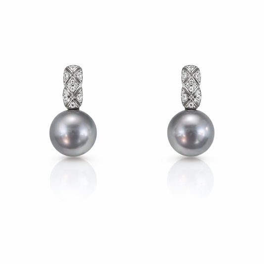 11mm - 12mm Round Tahitian Silver Pearl Earrings - 18KT White Gold