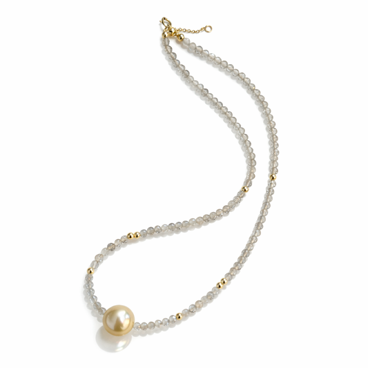 Tiny labradorite Bead Necklace with Semi Round Golden Southsea Pearl